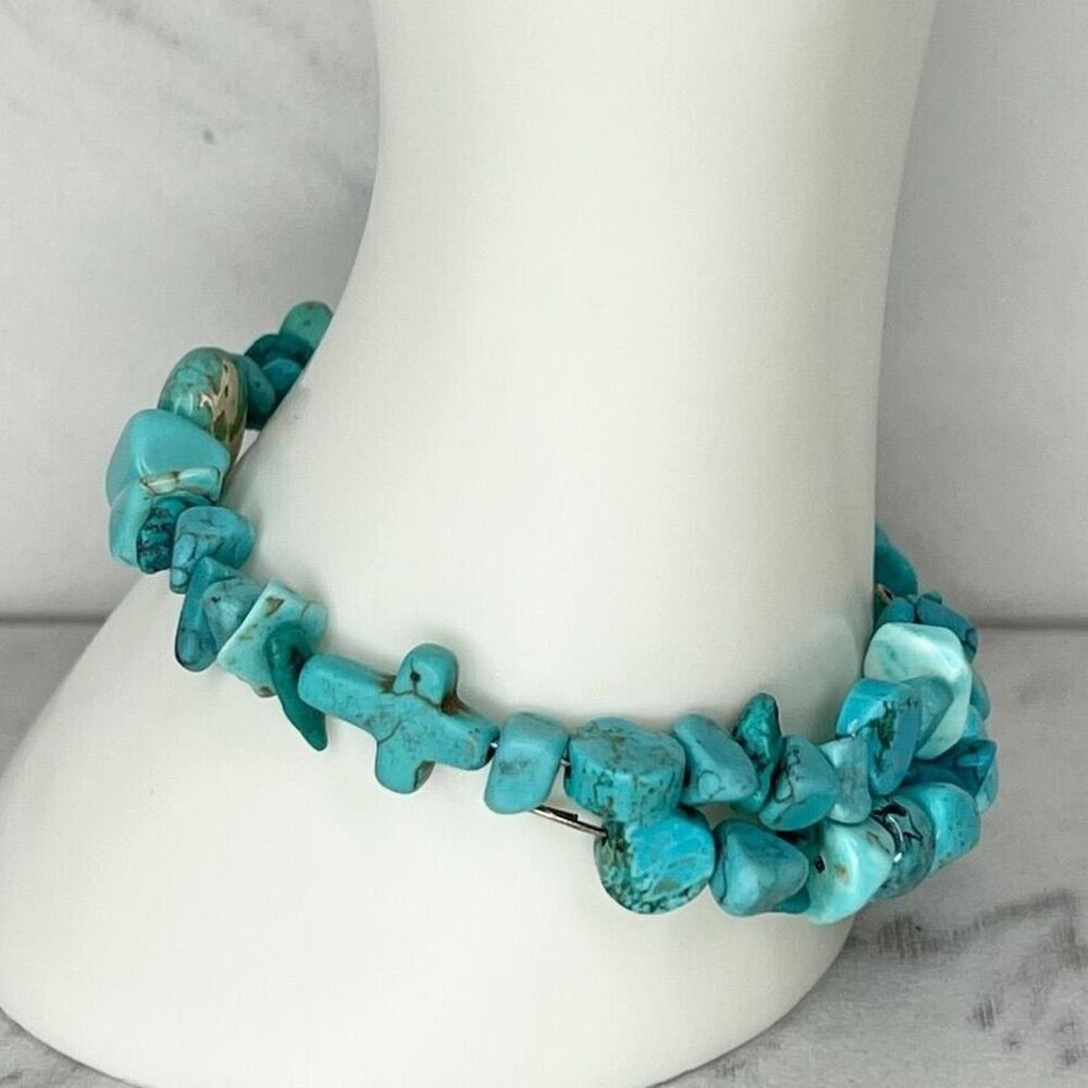 Faux Turquoise Cross Beaded Silver Tone Wire Wrap Bracelet